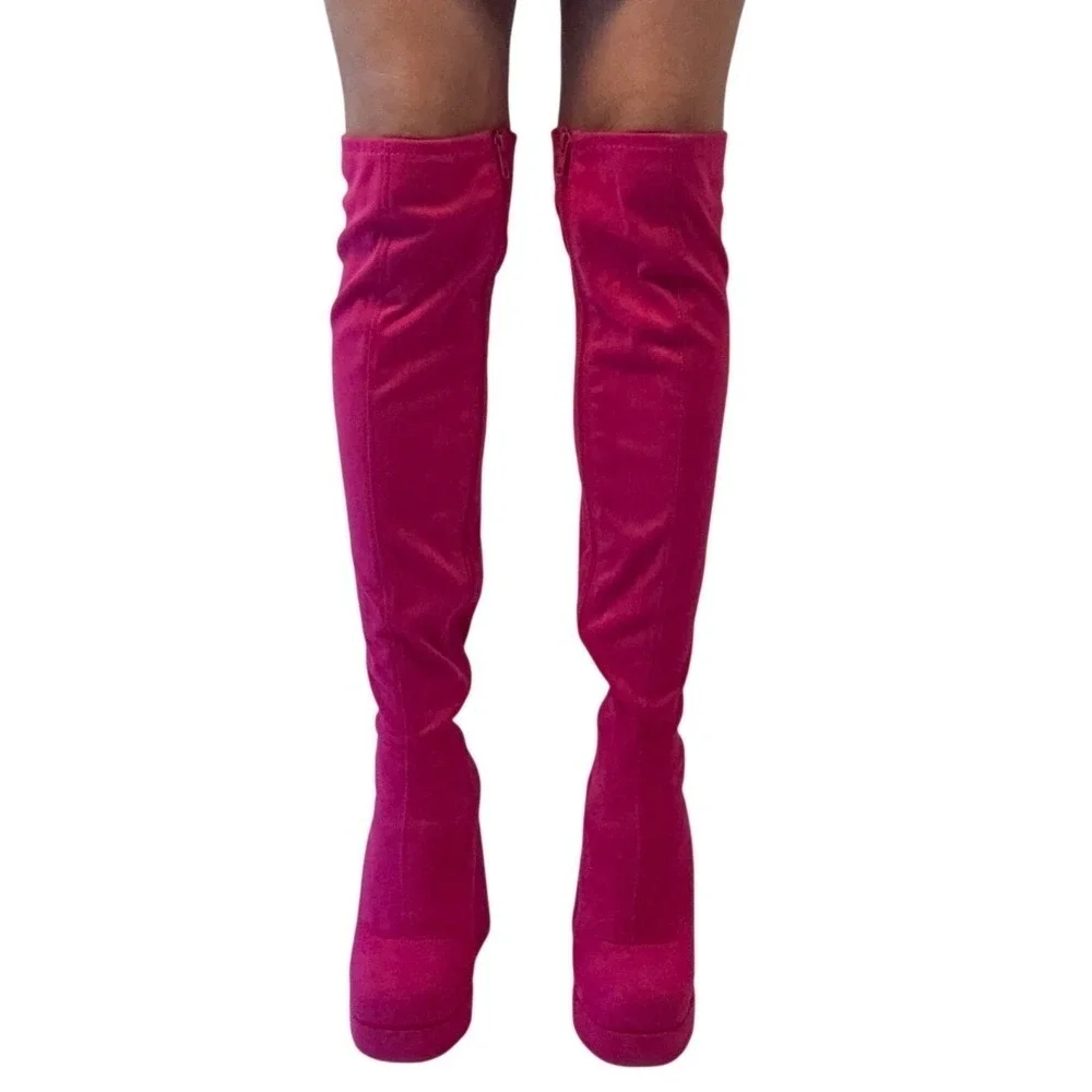 SODA Hot Pink‎ Suede Platform Chunky Heel Over The Knee Boots Womens Size 7 1/2